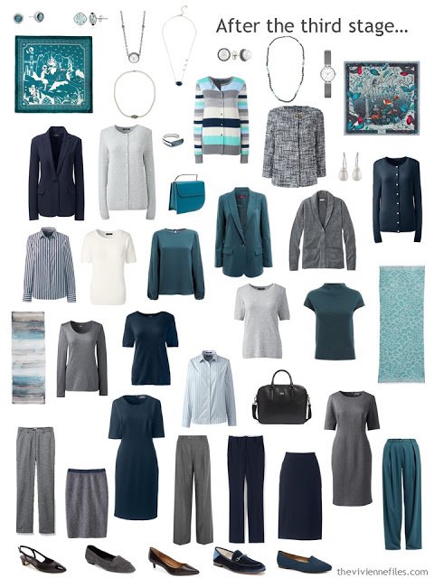 a 23-piece work wardrobe in navy, grey and shades of green