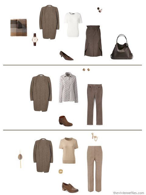 3 ways to wear a dark brown cardigan from a work capsule wardrobe in shades of brown