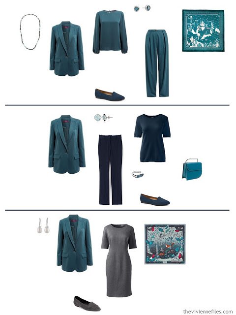 three ways to wear a teal blazer with a work capsule wardrobe