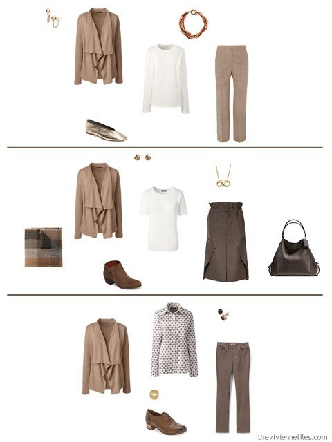3 ways to wear a vicuna cardigan from a work capsule wardrobe in shades of brown