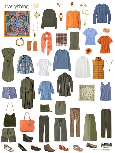 a capsule wardrobe in olive green, with accents of blue, orange and white