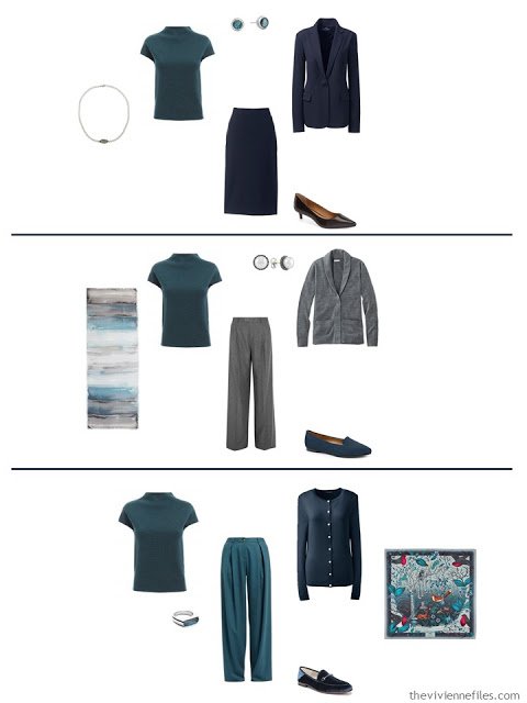 three ways to wear a teal knit top with a work capsule wardrobe