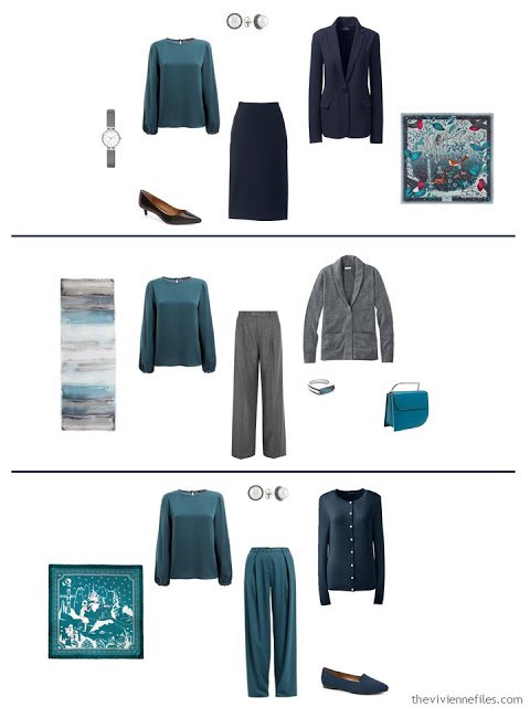 three ways to wear a teal silk blouse with a work capsule wardrobe