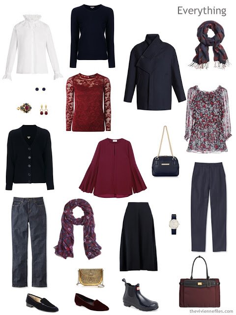 travel capsule wardrobe in navy, burgundy and white