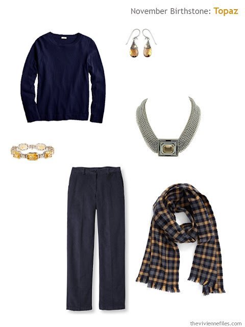 navy outfit with topaz and citrine accessories