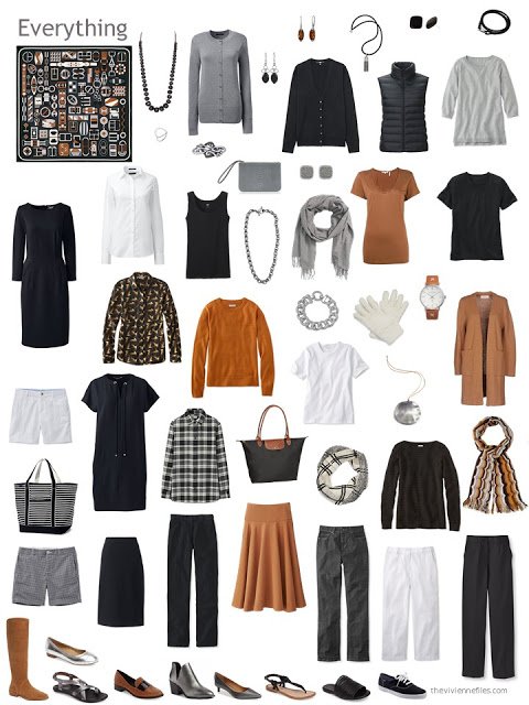 capsule wardrobe based on an Hermes scarf, in black, grey, orange and white