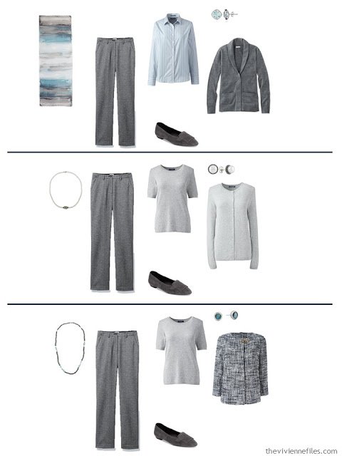 three ways to wear grey herringbone pants with a work capsule wardrobe
