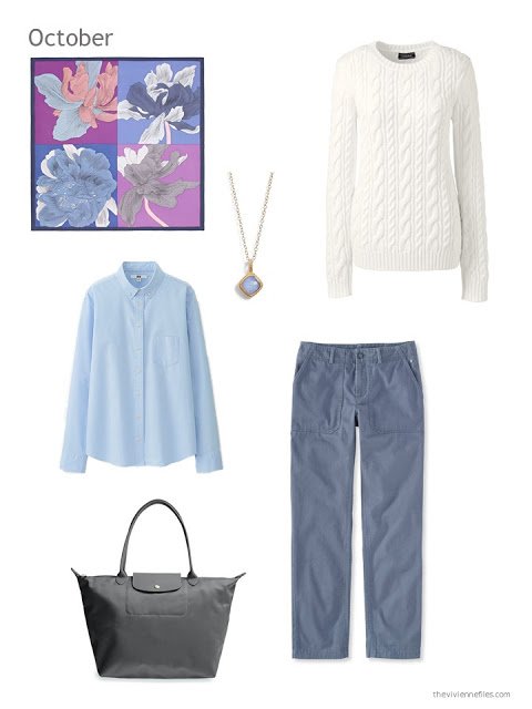 a cool-weather outfit in cream and shades of blue, based upon an Hermes scarf