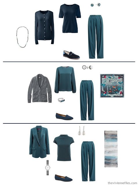 three ways to wear teal pants with a work capsule wardrobe