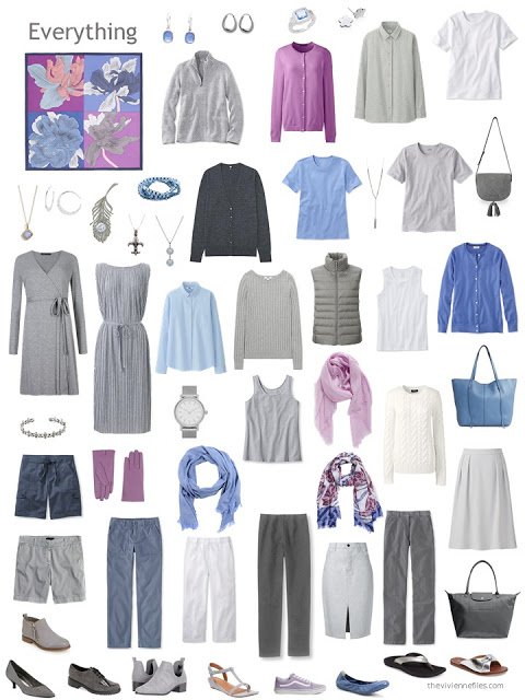 a capsule wardrobe in grey with accents of blue, orchid and white