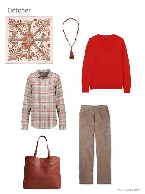 a cool-weather outfit in orange and brown based on an Hermes scarf