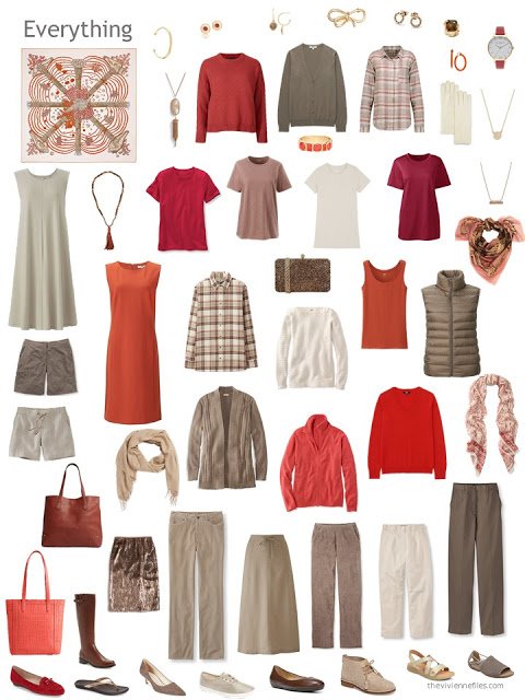 a capsule wardrobe in shades of brown, red and orange