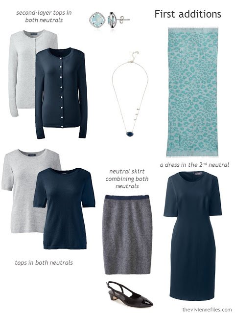 Adding six pieces to a conservative office wardrobe in navy and grey