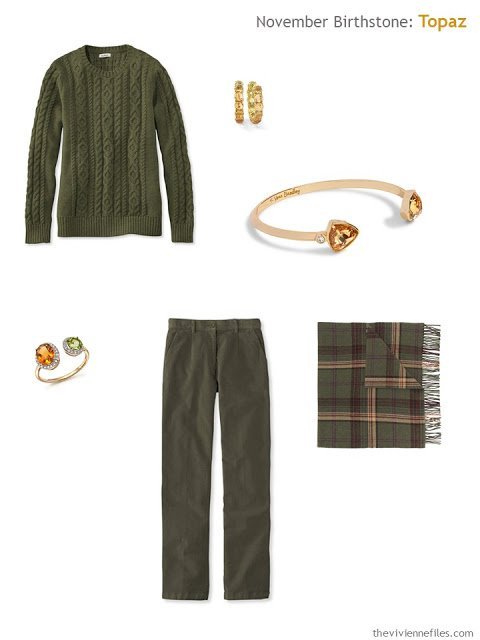 olive green outfit with citrine and topaz accessories
