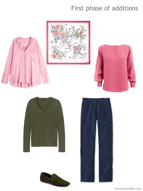 First phase of wardrobe additions in pink, willow green and navy