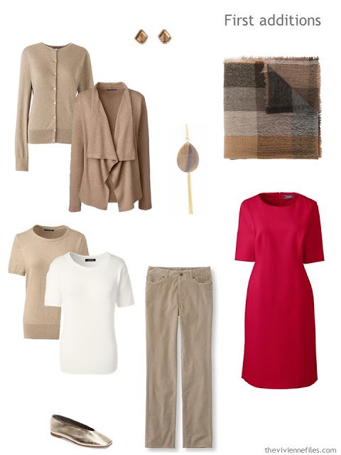 six additions to a business wardrobe in shades of brown with red and orange accents