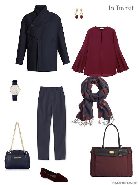 travel outfit in navy and burgundy