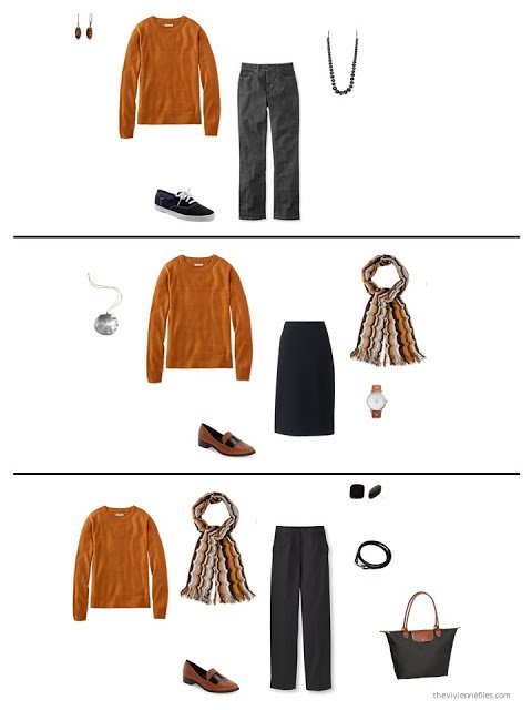 three ways to wear an orange sweater from a capsule wardrobe based on an Hermes scarf