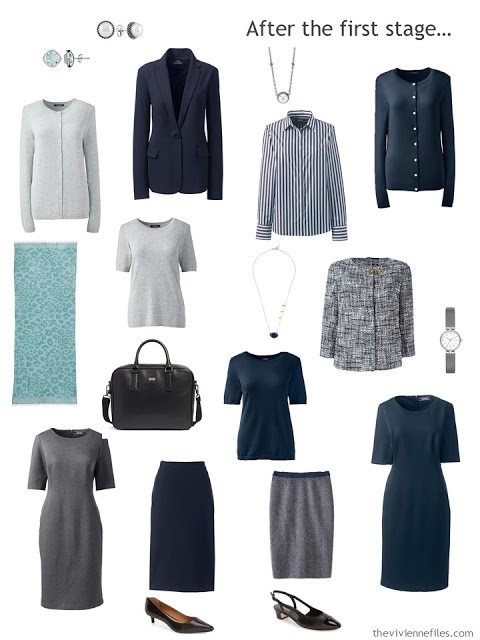 an 11-piece starter office wardrobe in navy and grey