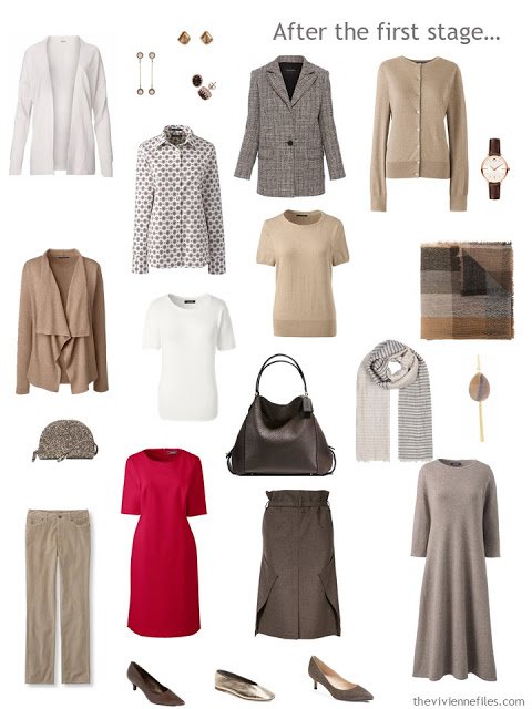 an 11-piece work capsule wardrobe in shades of brown with accents of red