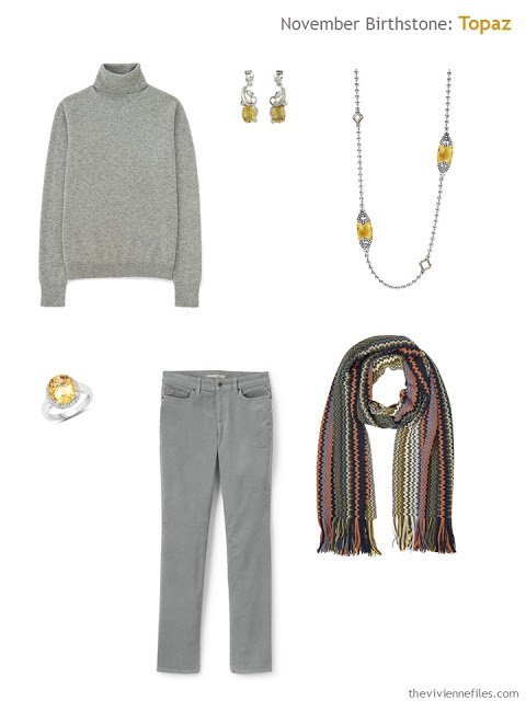 grey outfit with citrine and topaz accessories