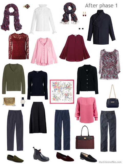 Autumn/winter capsule wardrobe in navy, burgundy, pink and green