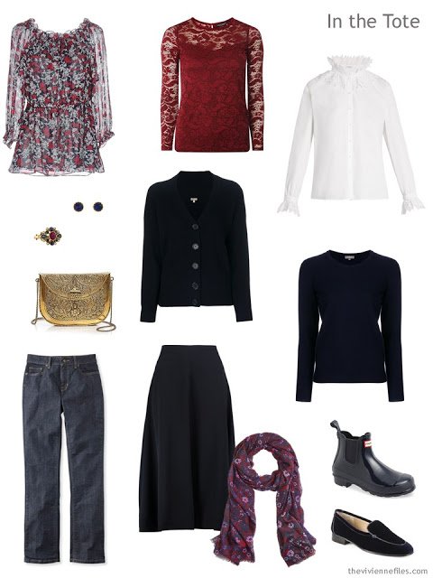 travel capsule wardrobe in navy and burgundy