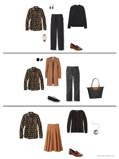 three ways to wear a print shirt from a capsule wardrobe in black, grey, orange and white