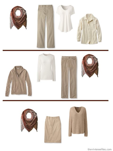 Adding an autumn colored scarf to a soft, warm Common Wardrobe