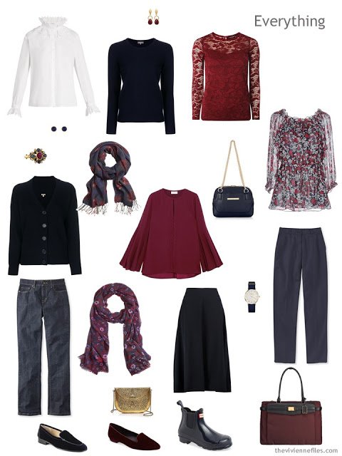 travel capsule wardrobe in navy and burgundy