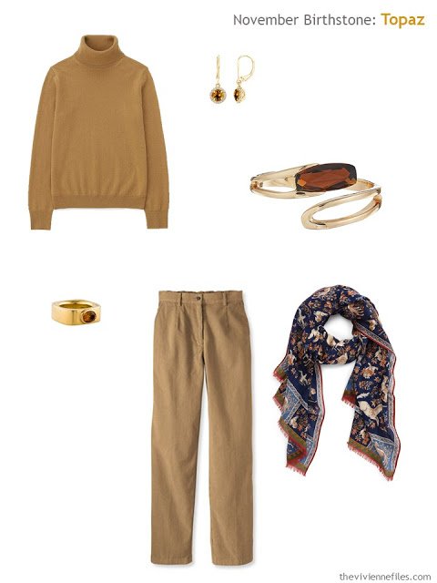 a camel outfit with topaz and citrine accessories