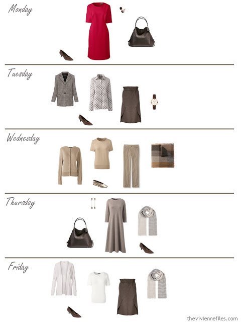 a week of work outfits from an 11-piece work capsule wardrobe in brown with red accents