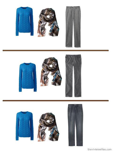 3 ways to wear a royal blue sweater with grey pants