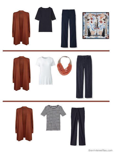 3 ways to wear a russet cardigan with A Common Wardrobe in navy and white