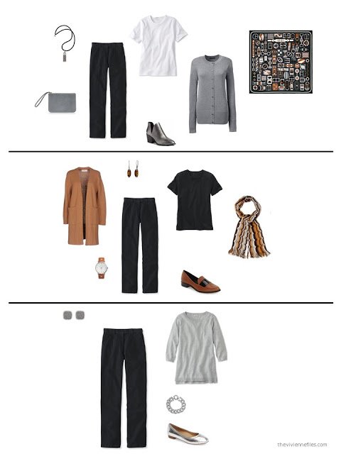 three ways to wear black corduroy pants from a capsule wardrobe based on an Hermes scarf