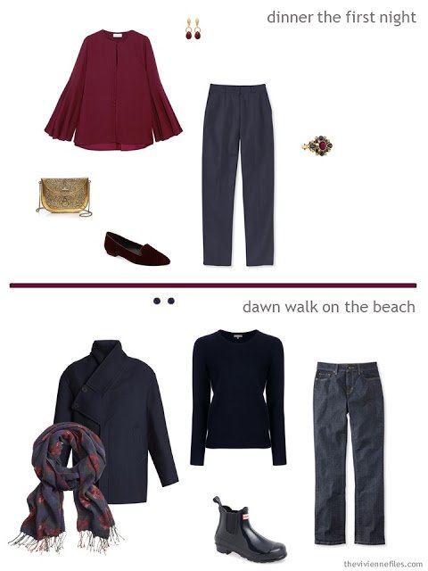 2 outfits from a travel capsule wardrobe in navy, burgundy and white