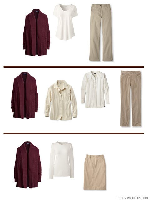 3 ways to wear a burgundy cardigan a A Common Wardrobe in soft, warm colors