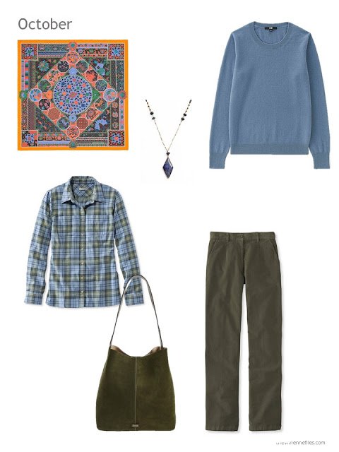 a cool-weather outfit in blue and olive, based on an Hermes scarf