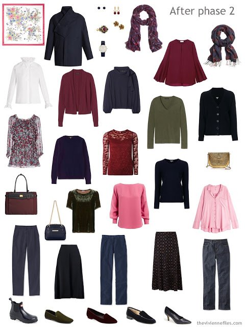 a navy-based autumn and winter wardrobe with accents of burgundy, pink and green