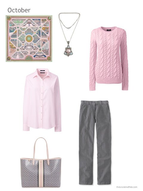 an autumn outfit in pink and grey