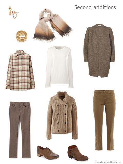 six additions to a work capsule wardrobe in shades of brown with accents of orange and red