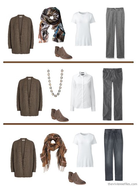 3 ways to wear a brown cardigan with grey pants