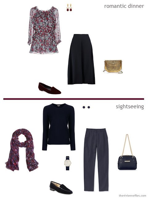 2 outfits from a travel capsule wardrobe in navy, burgundy and white