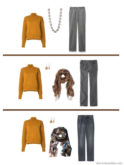 3 ways to wear a squash orange turtleneck with grey pants