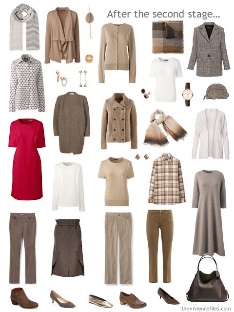17-piece work capsule wardrobe in shades of brown with red and orange accents