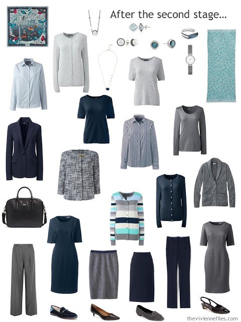 a seventeen-piece work wardrobe in navy, grey and shades of green