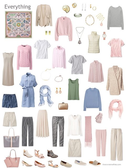 a capsule wardrobe in grey and beige with accents of pink, blue and green
