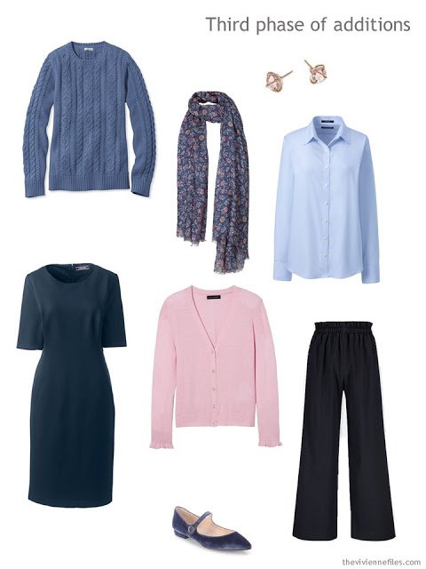 blue, pink and navy additions to a navy-based capsule wardrobe