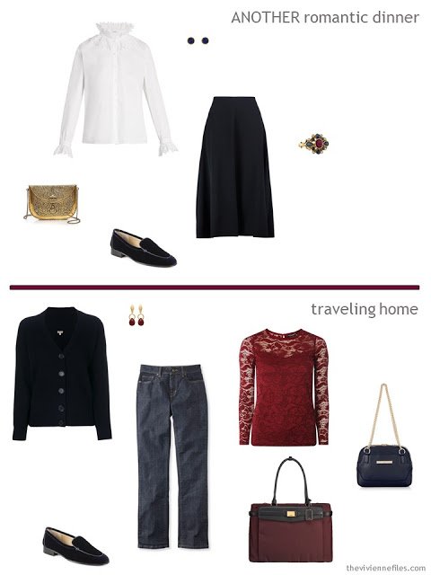 2 outfits from a travel capsule wardrobe in navy, burgundy and white