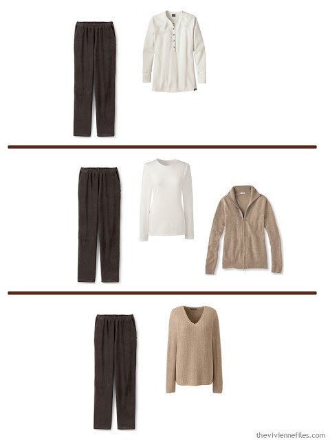 3 ways to wear dark chocolate pants with a A Common Wardrobe in soft, warm colors